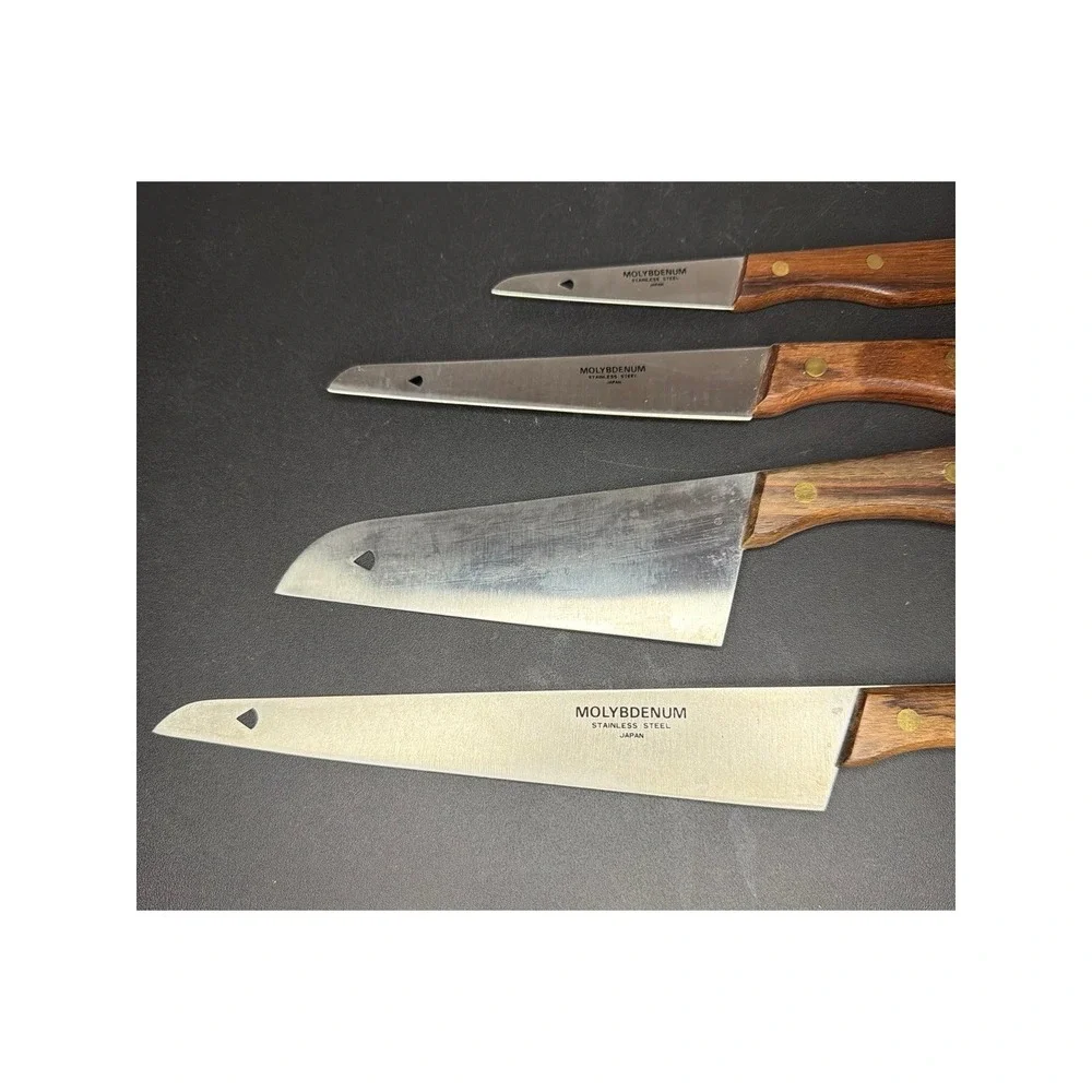 Molybdenum Stainless Steel Knife Set 4pc Japan Wood Handle Brass Rivets Vintage
